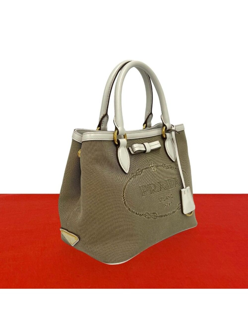 Prada Logo Canvas Leather Mini Tote Boston Bag Brown